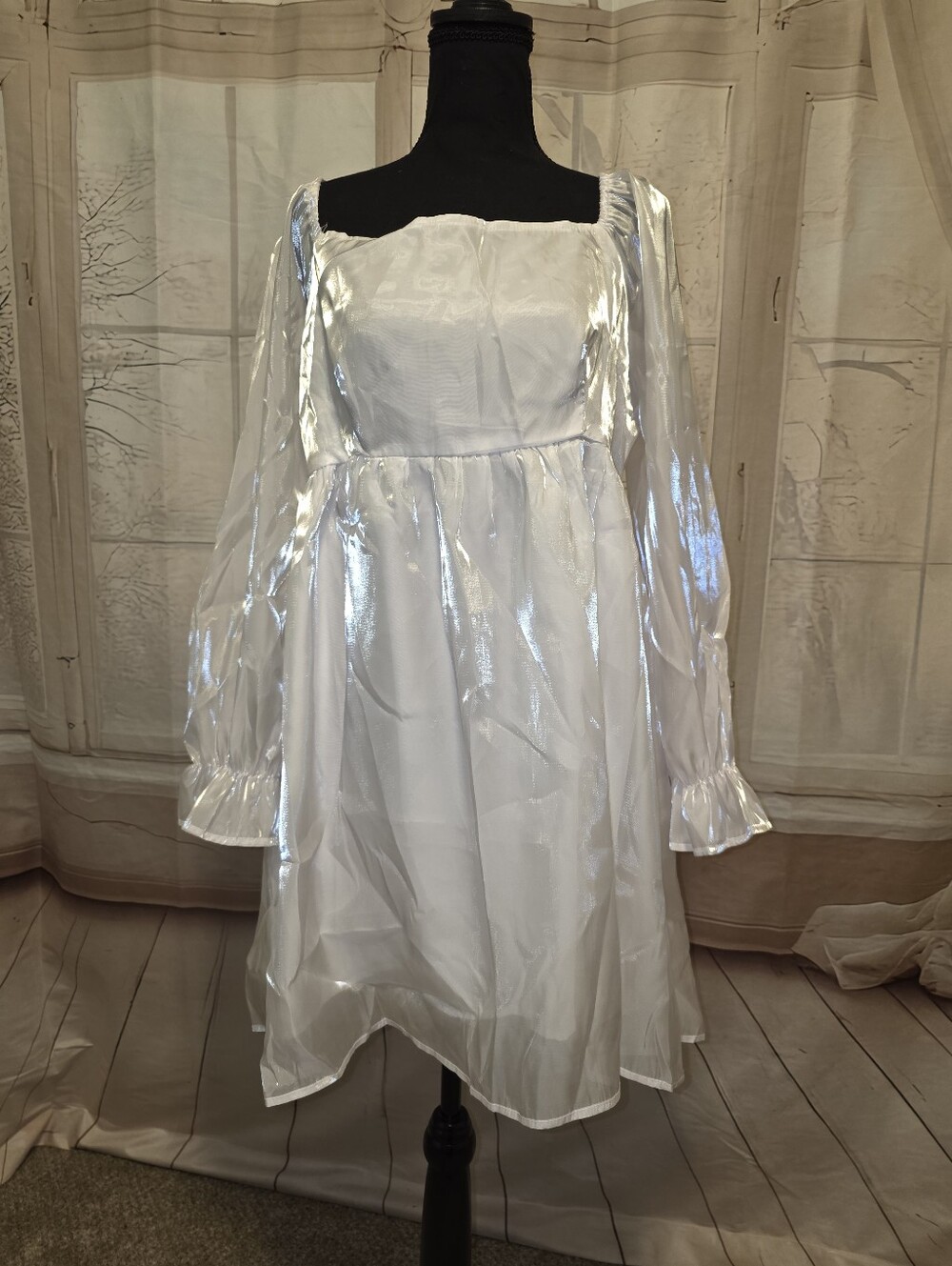 Kohl's Shimmery White Sheer Long-Sleeve Square Neck Dress